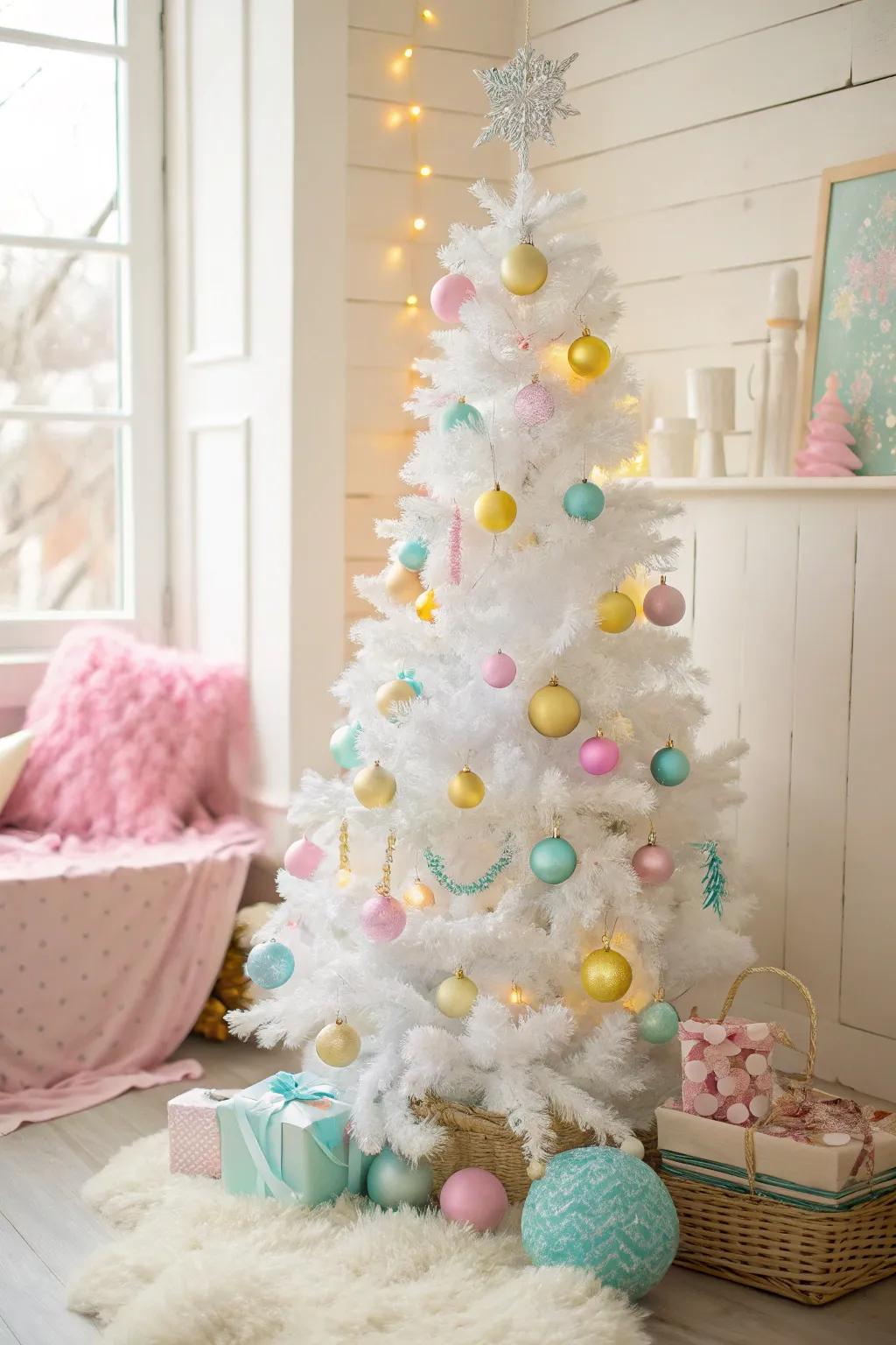 Playful gentle tones establishing a dreamy style on a white Christmas tree.