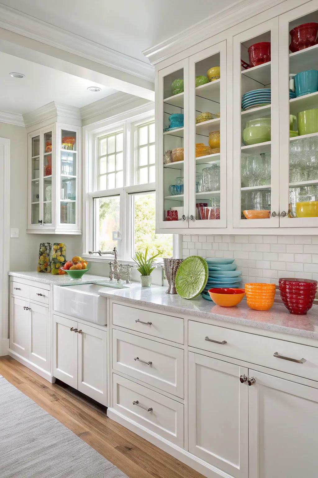 Cabinets with glass fronts allow for elegance and display options.