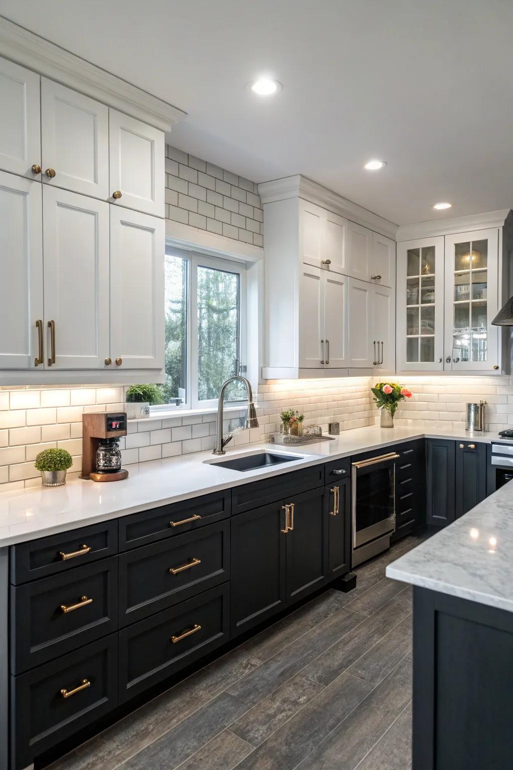 Bi-tone cabinetry adds depth and a grounded sensation to the radiant kitchen.