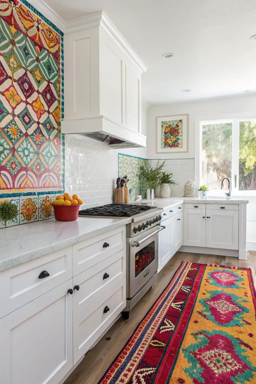 A colorful rug and backsplash add vibrancy to the white kitchen.