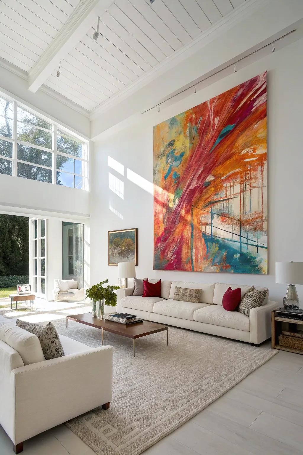 Statement art pieces create a bold expression in a bright space.