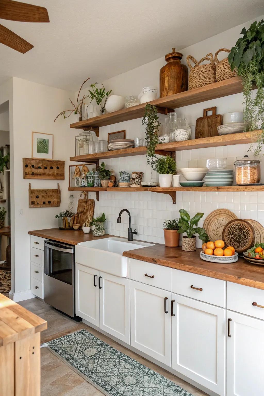 Diverse decor items inject personality into the culinary space.