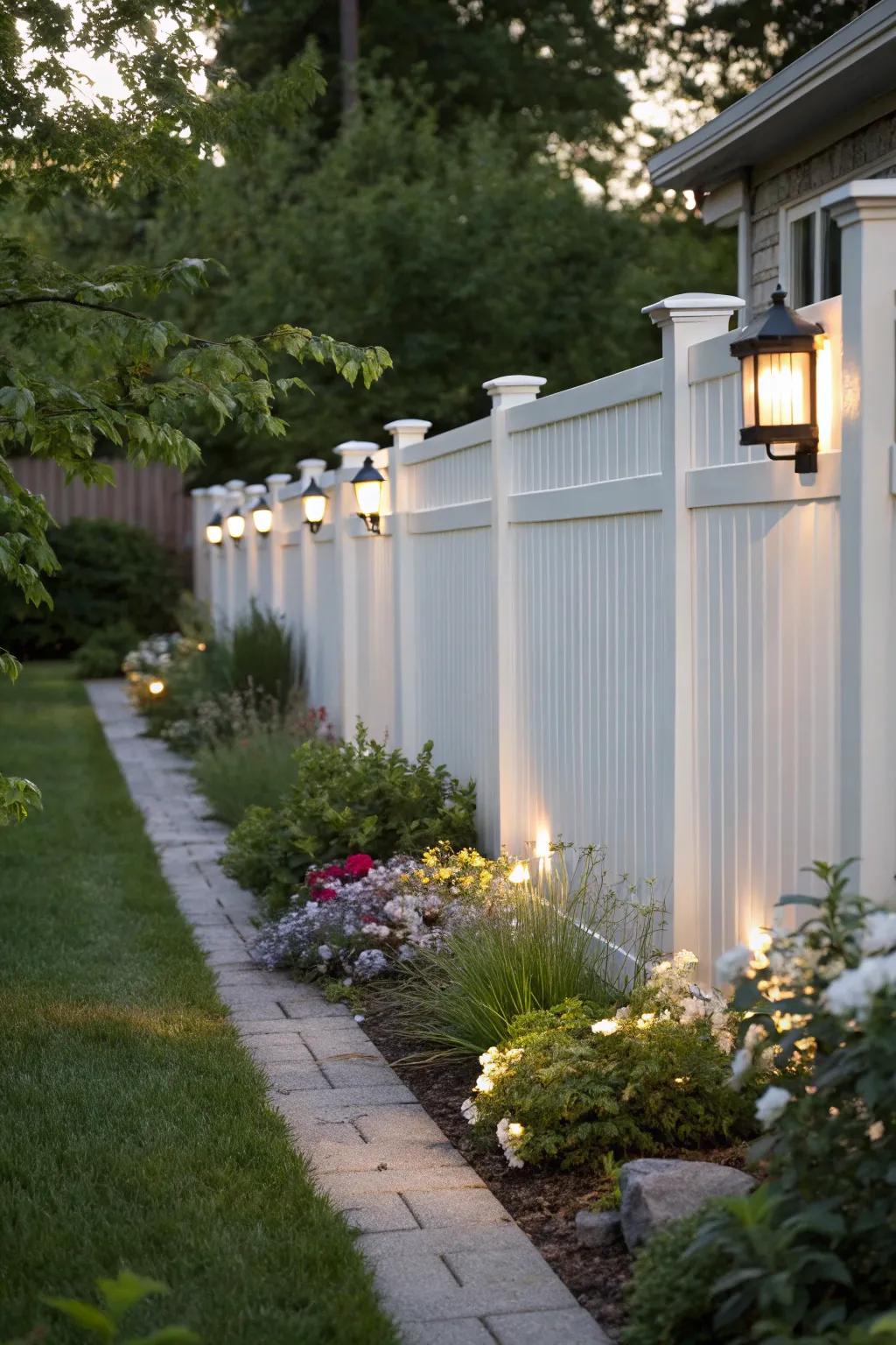 Integrated lamps on a white fence create a magical evening atmosphere.