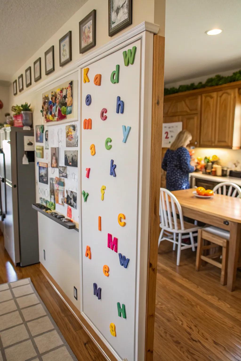 Magnetic letters contribute a joyful element to the whiteboard.