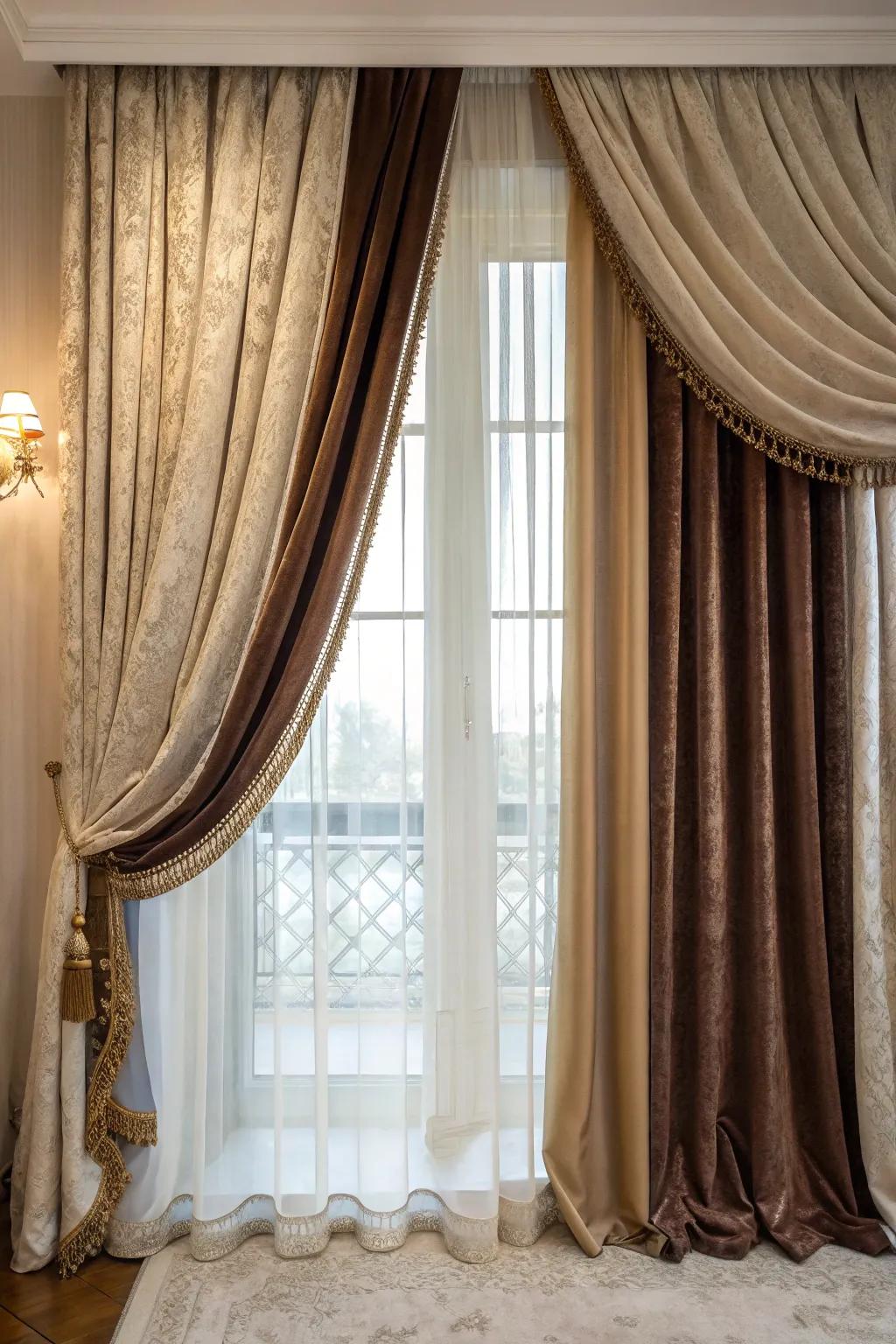 Mixed textures of velvet and silk add luxury to this window.