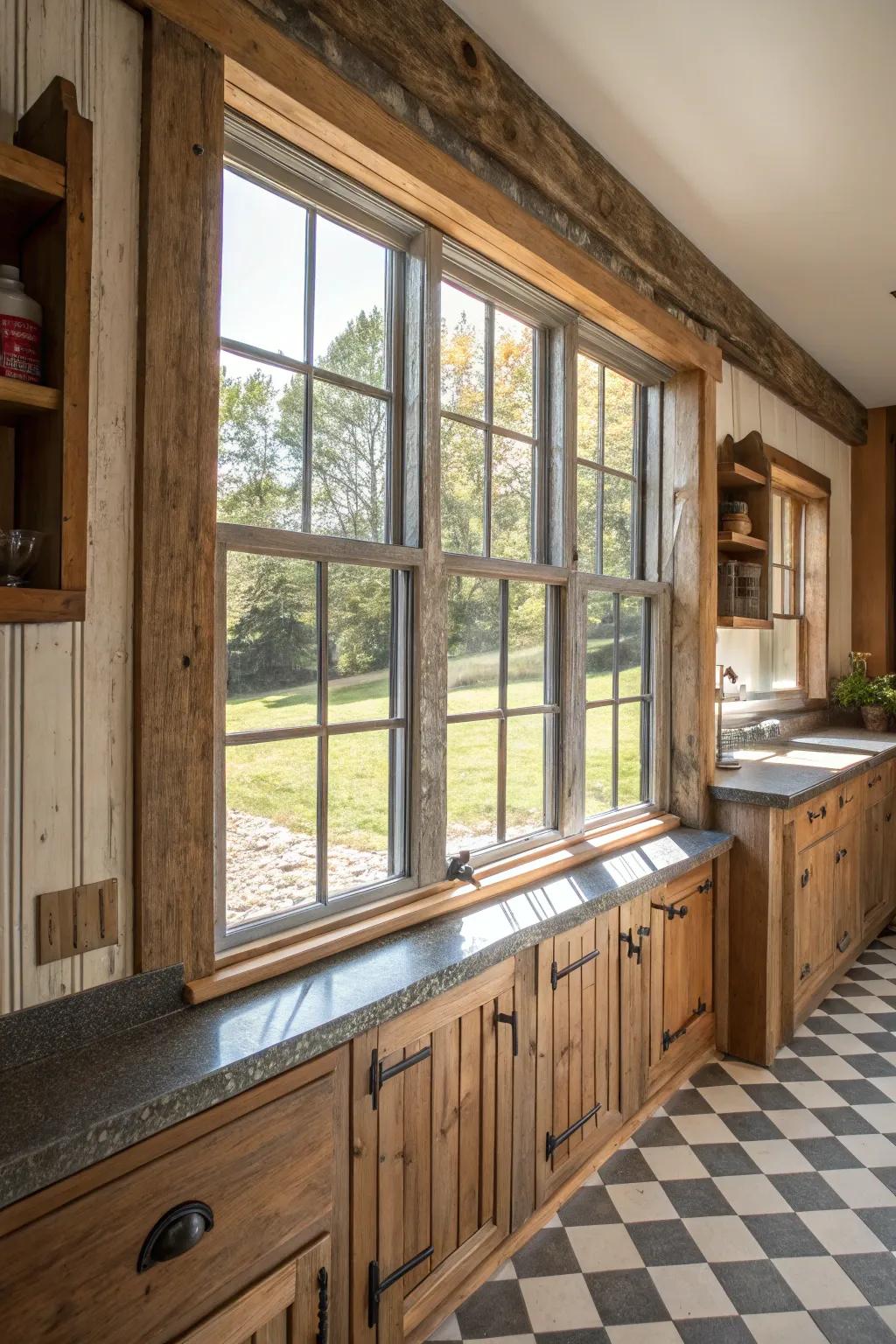 Farmhouse-style window frames exude rustic elegance.