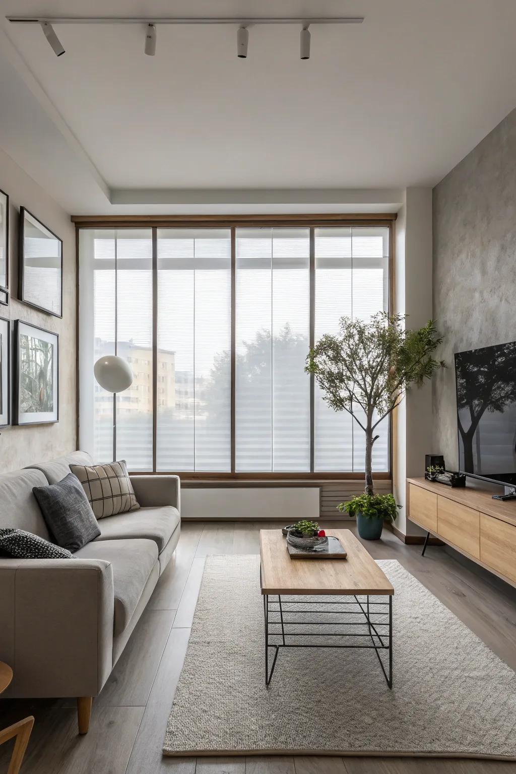 Frosted glass provides privacy with style in this modern living room.