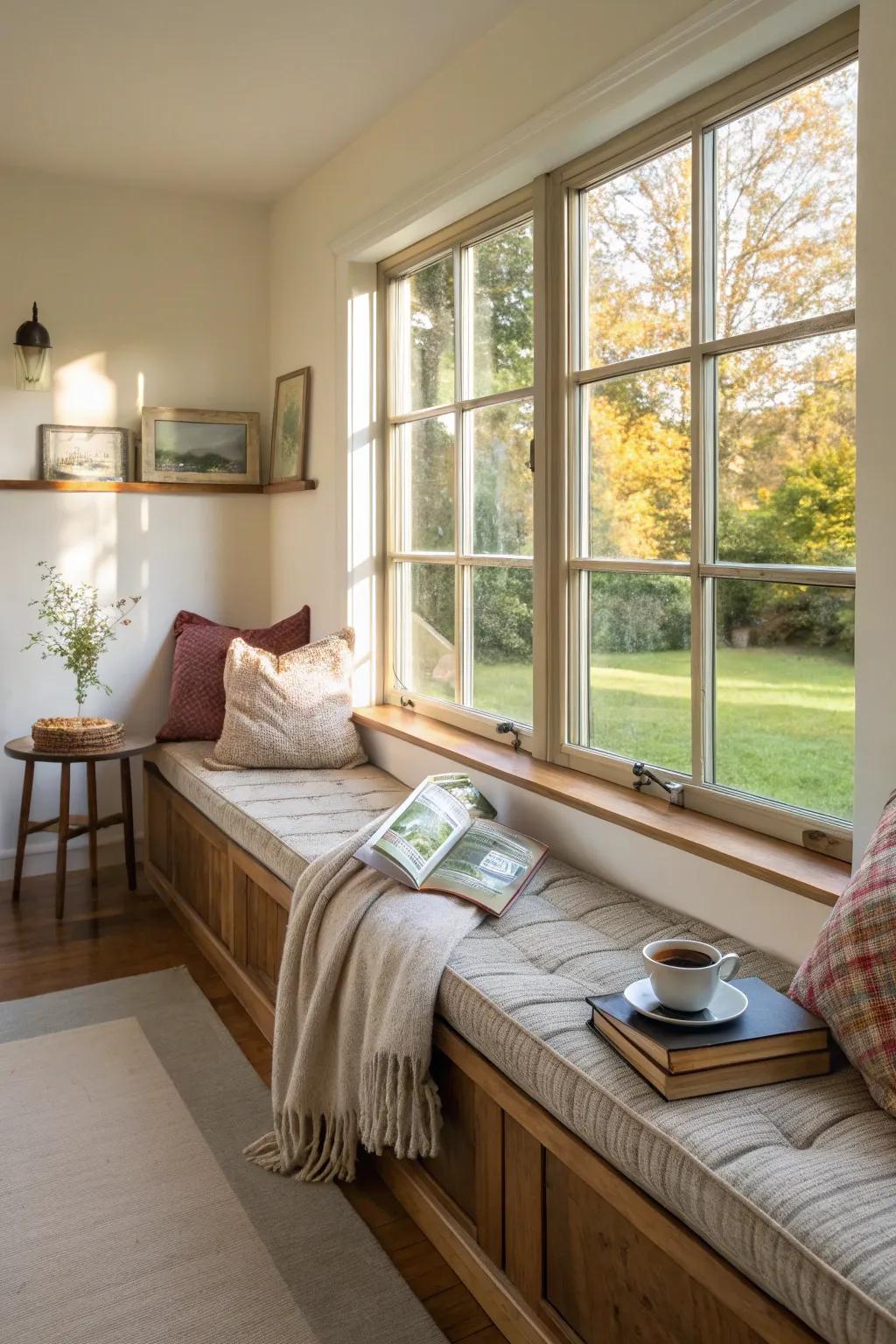 A long window seat that enhances area and function.