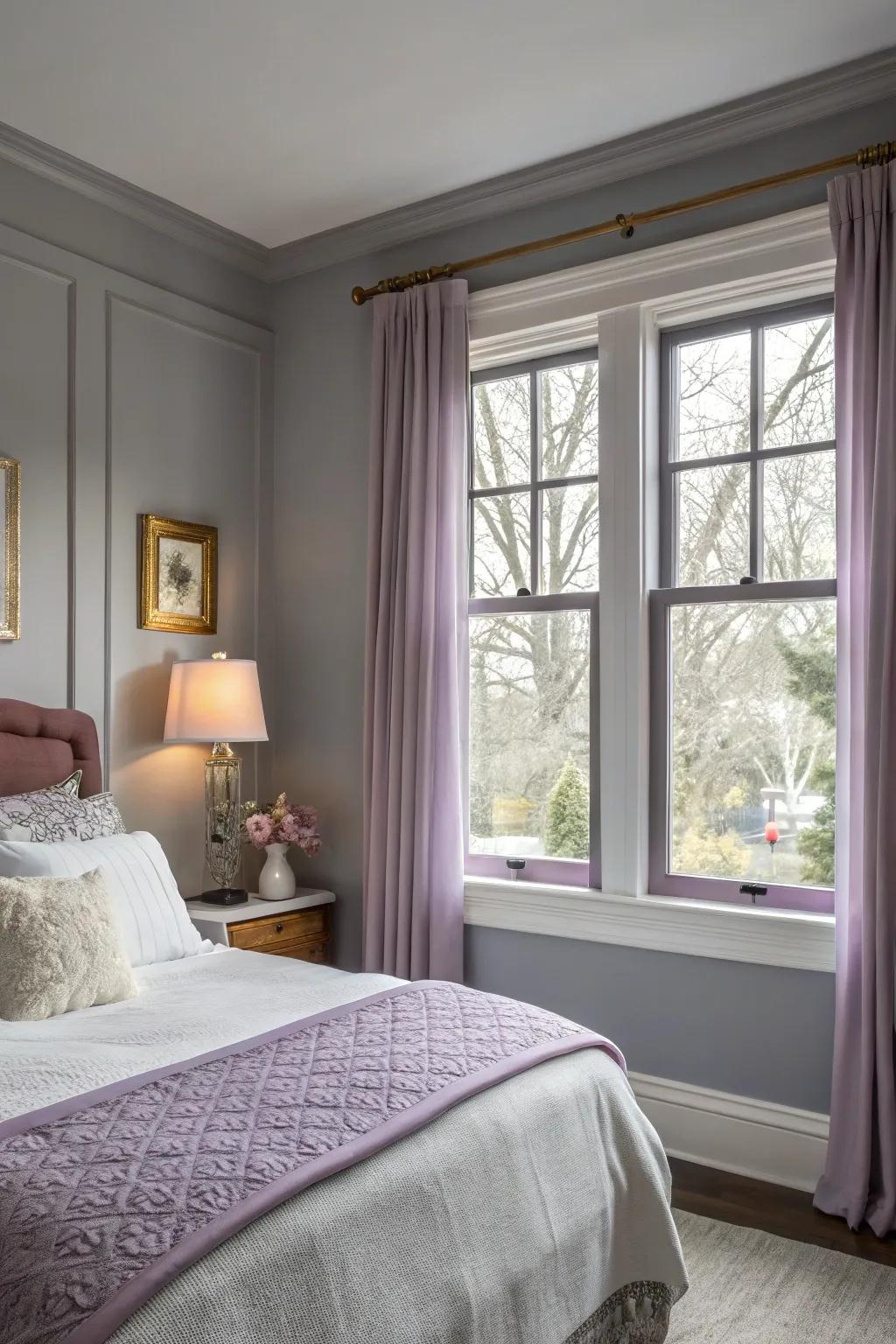 Dim lavender frames add a calming touch to a bedroom.