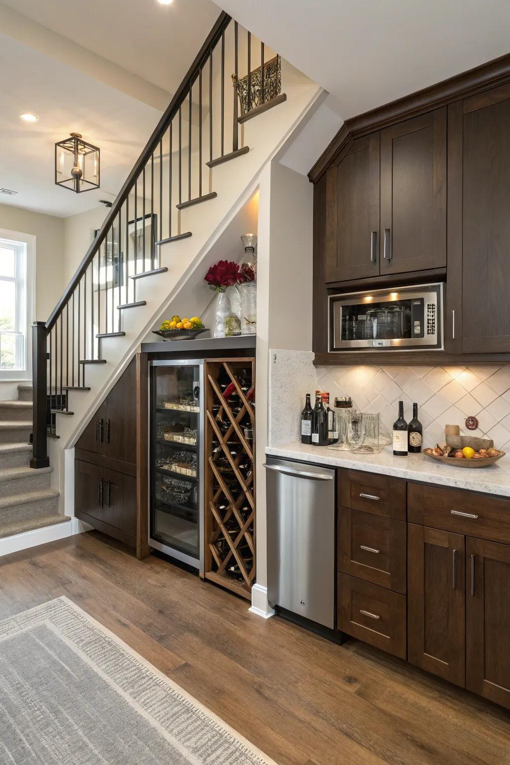 An under-stair wine nook turns unused space into a feature.