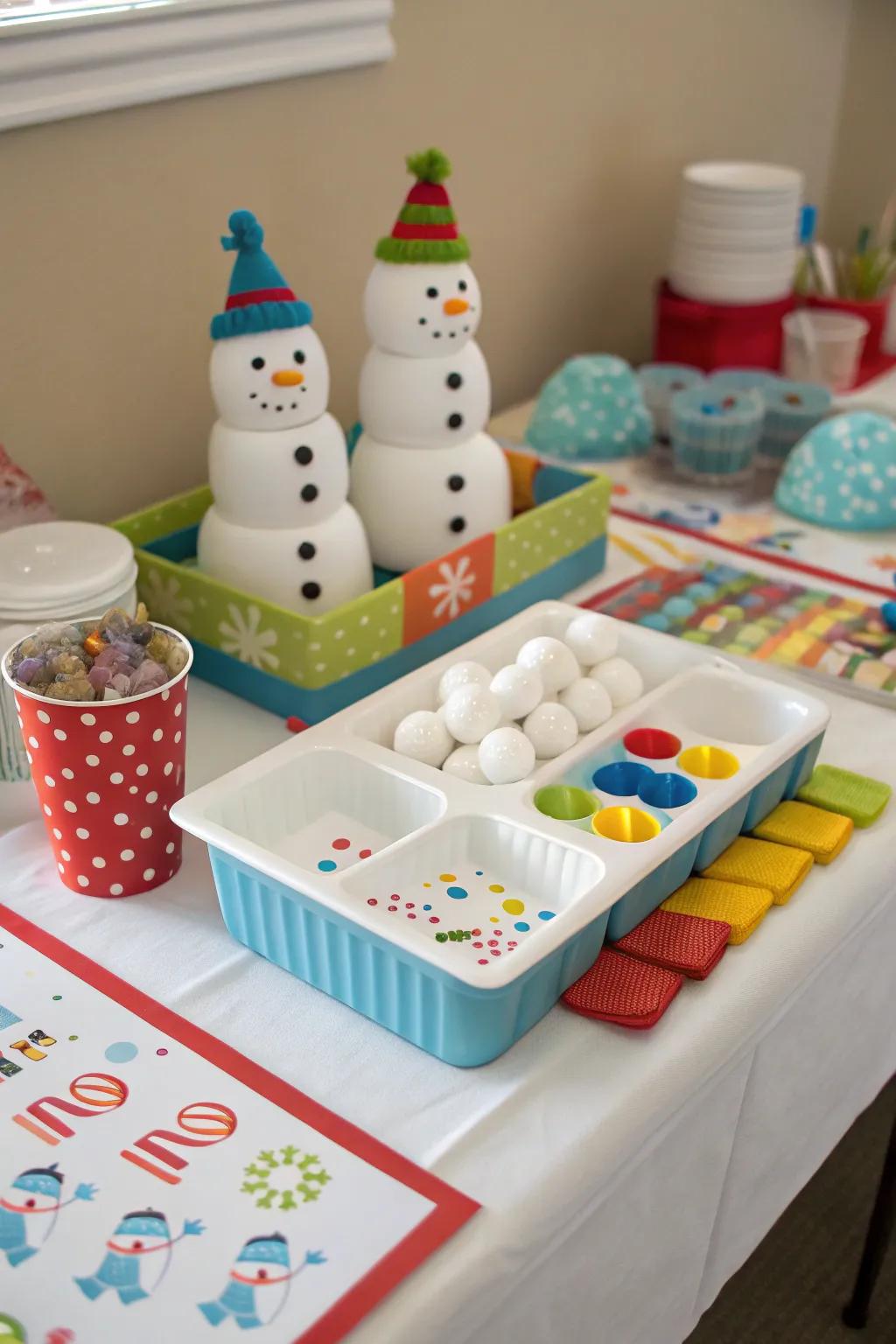 A fun snowman building station for guests.