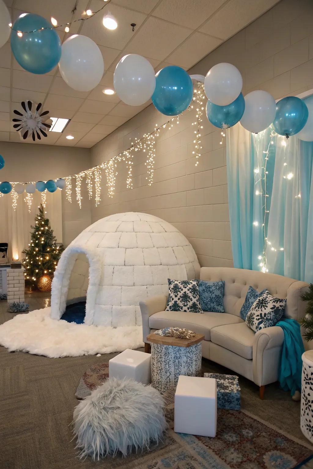 A unique frozen dome theme with gentle shades and snug seating.