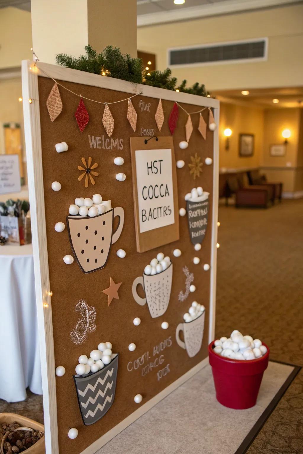 A warm cocoa stop adds warmth and coziness to the winter bulletin board.