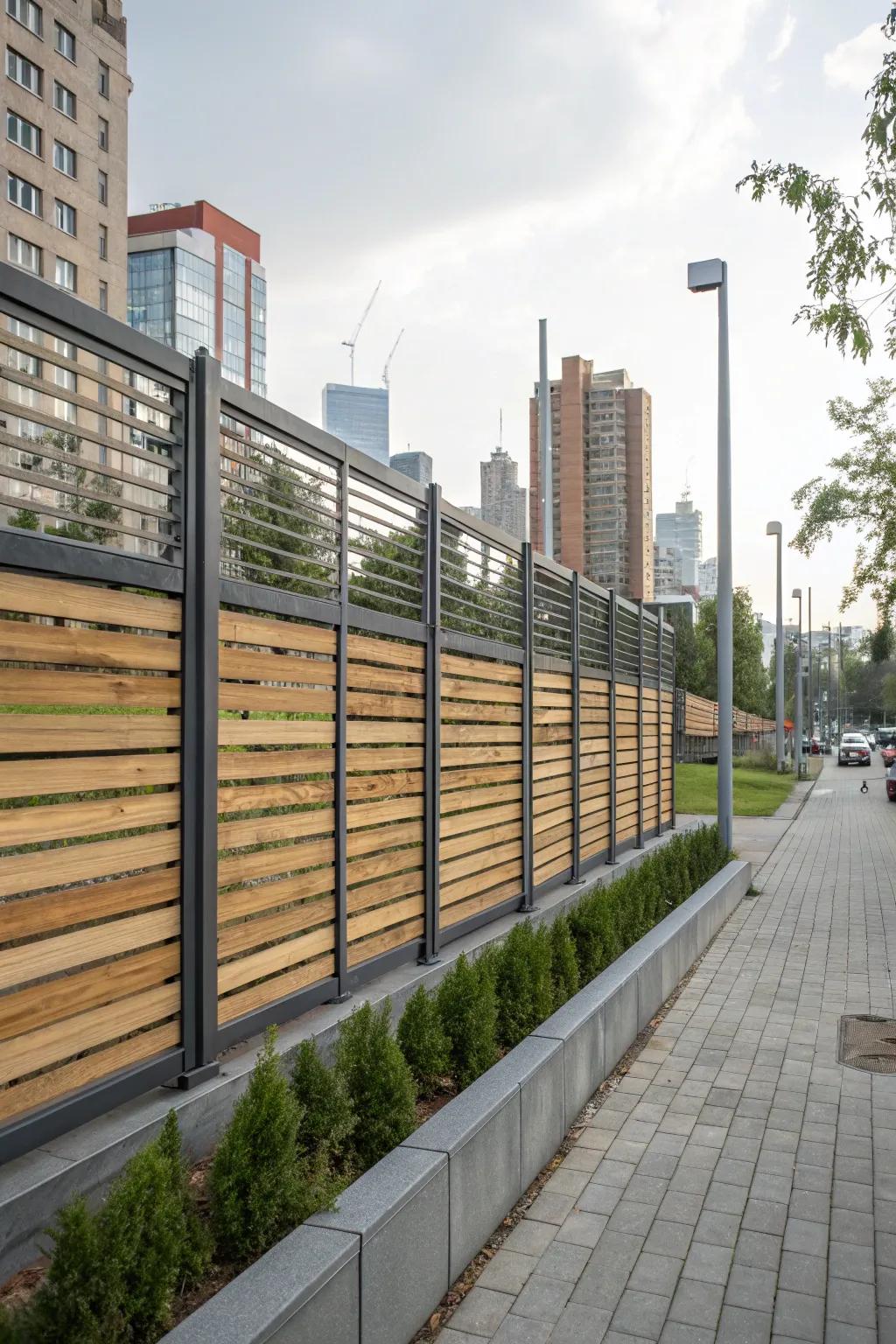 A sleek fence featuring horizontal timber planks and metal edges.