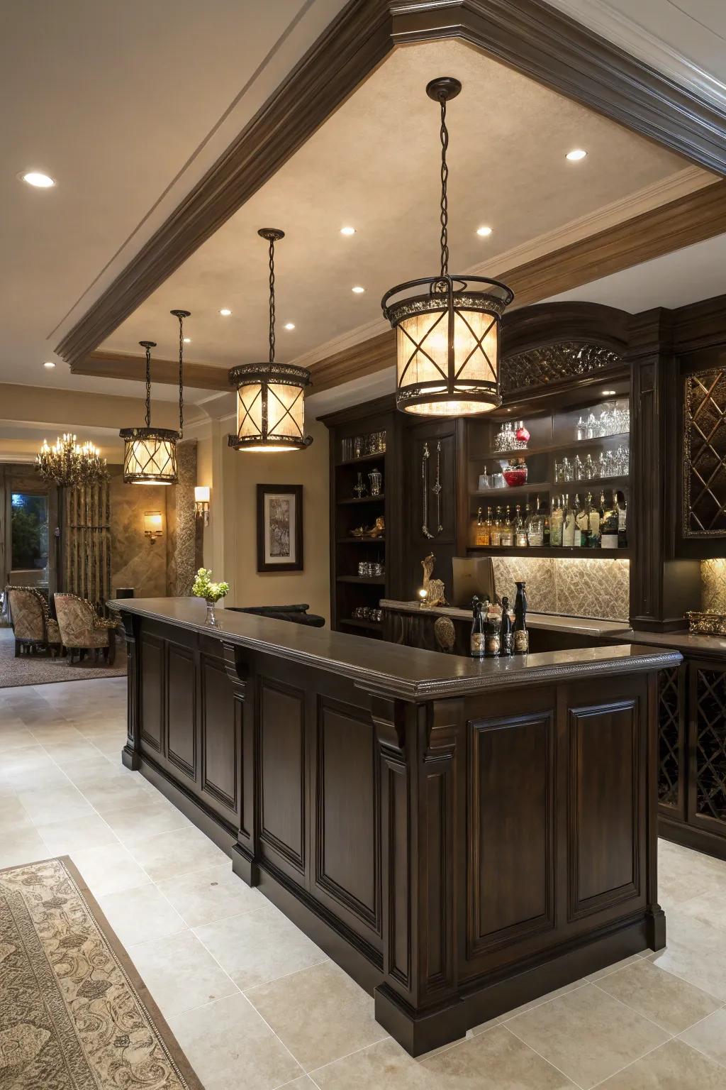 A dark wood bar creating a dramatic flair.