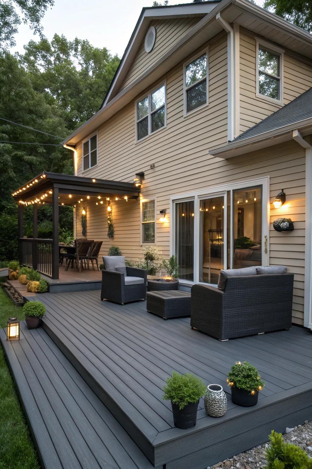 Graphite decking adds a sophisticated and modern contrast to a tan house.