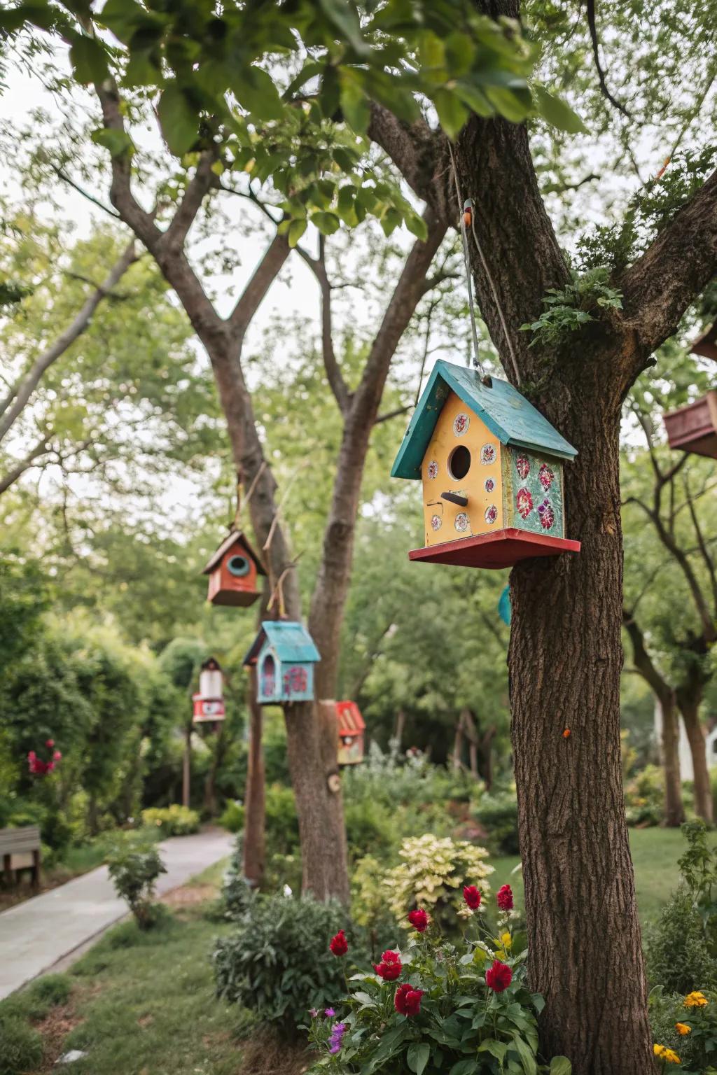 Breathe life into your garden using colorful timber birdhouses.