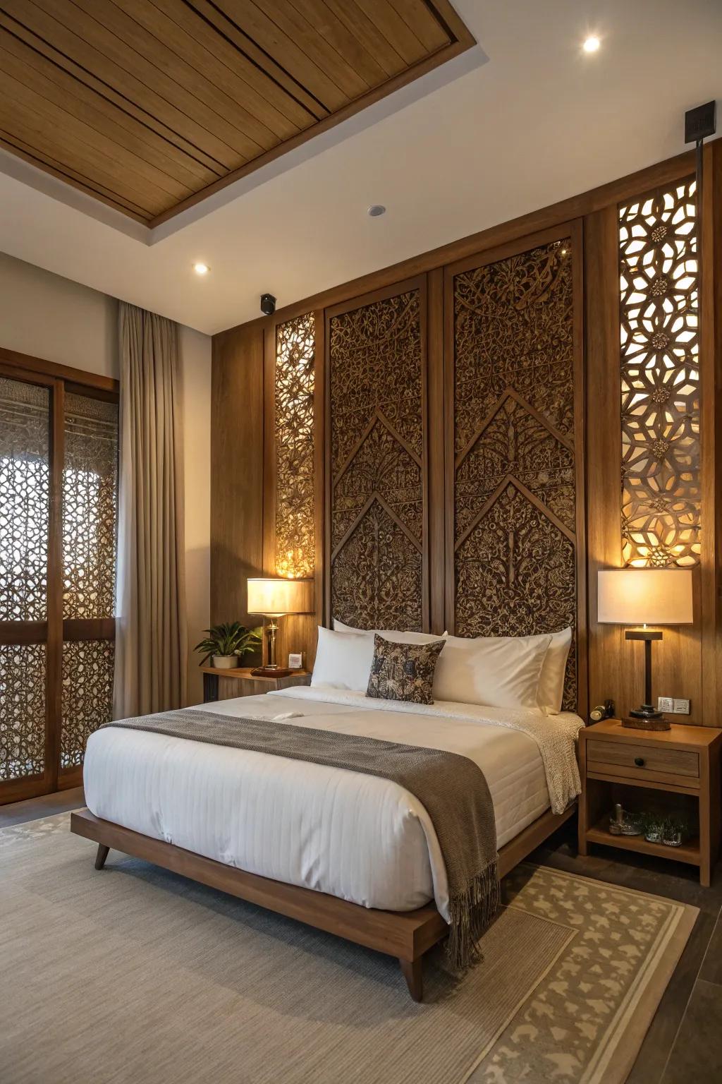 A tranquil bedroom featuring a balanced wood design that enhances the calming mood.