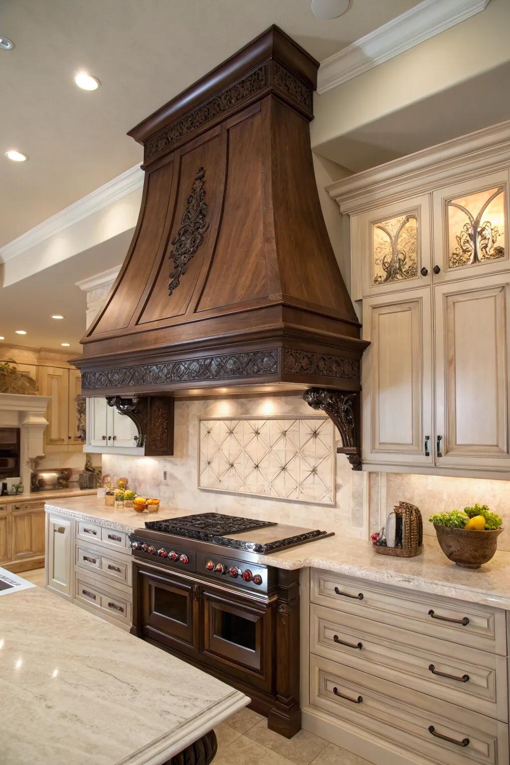 Rich dark woods provide a dramatic and luxurious kitchen focal point.