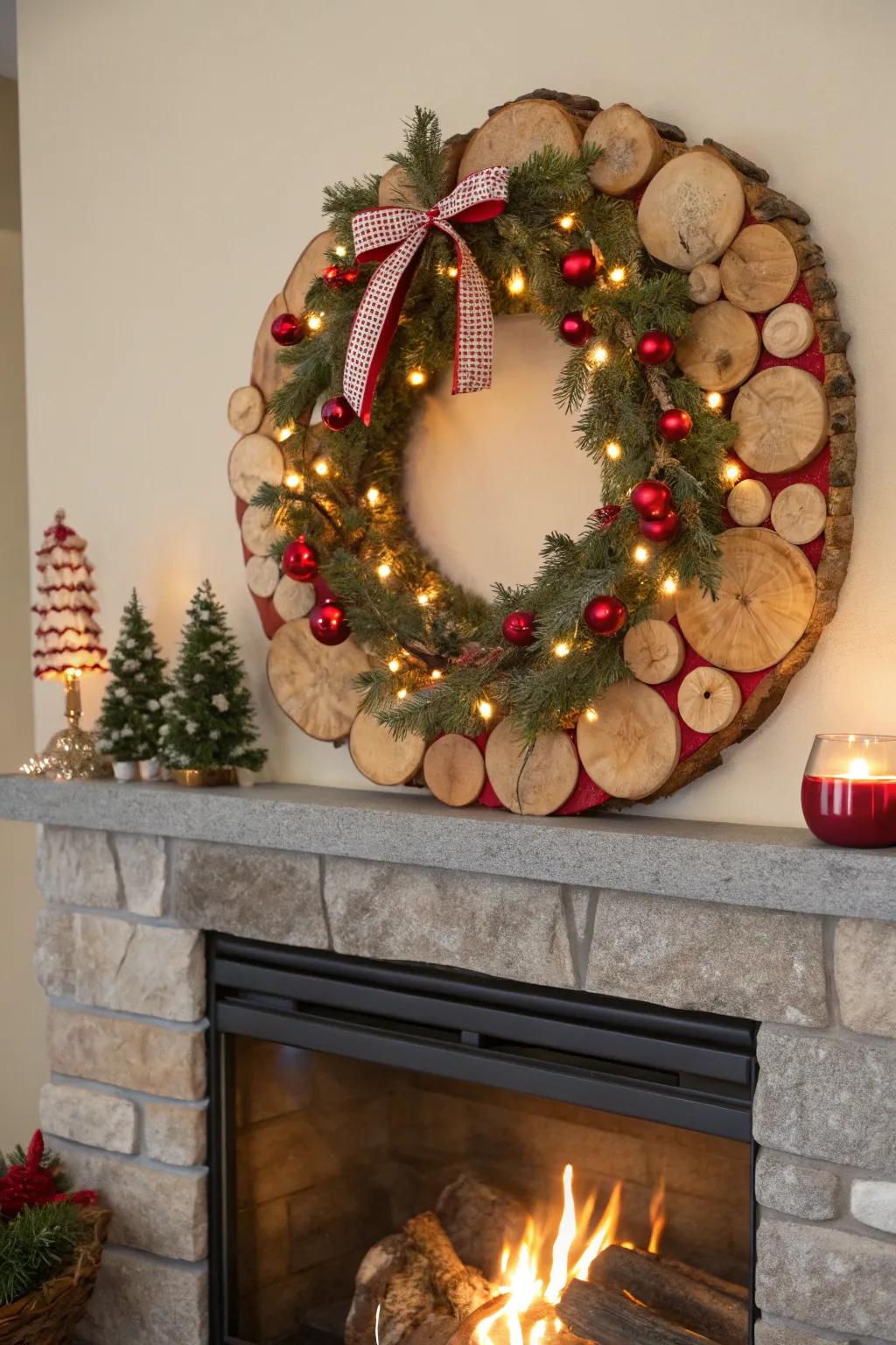 Celebratory wood circle wreath for holiday cheer.
