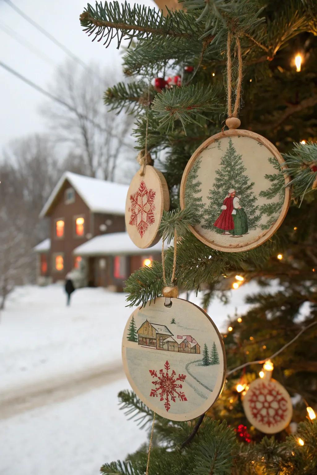 Vintage festive card scenes reused on wooden decorations.