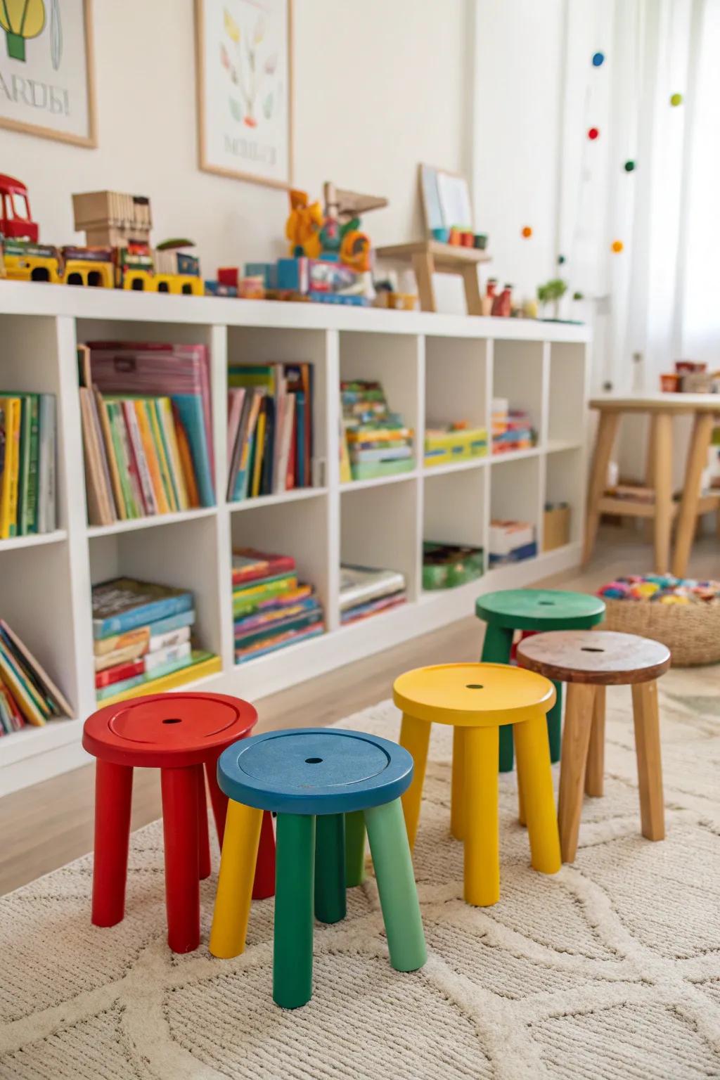 Vibrant hardwood stools bring fun to a children's play area.