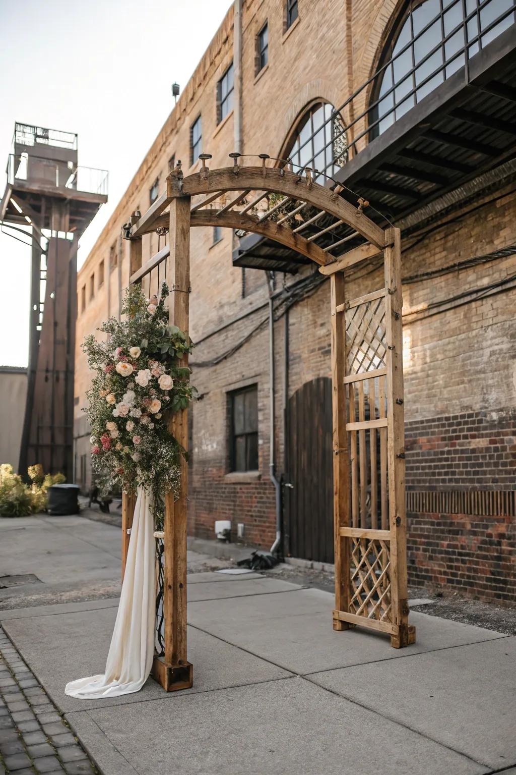An industrial-chic arch with metallic details.