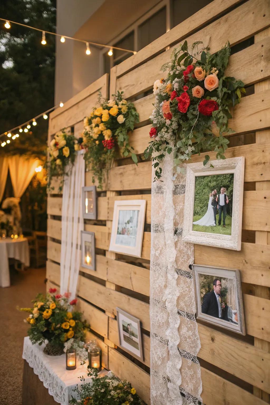 A timber stacking wall offers a rustic and versatile wedding backdrop.