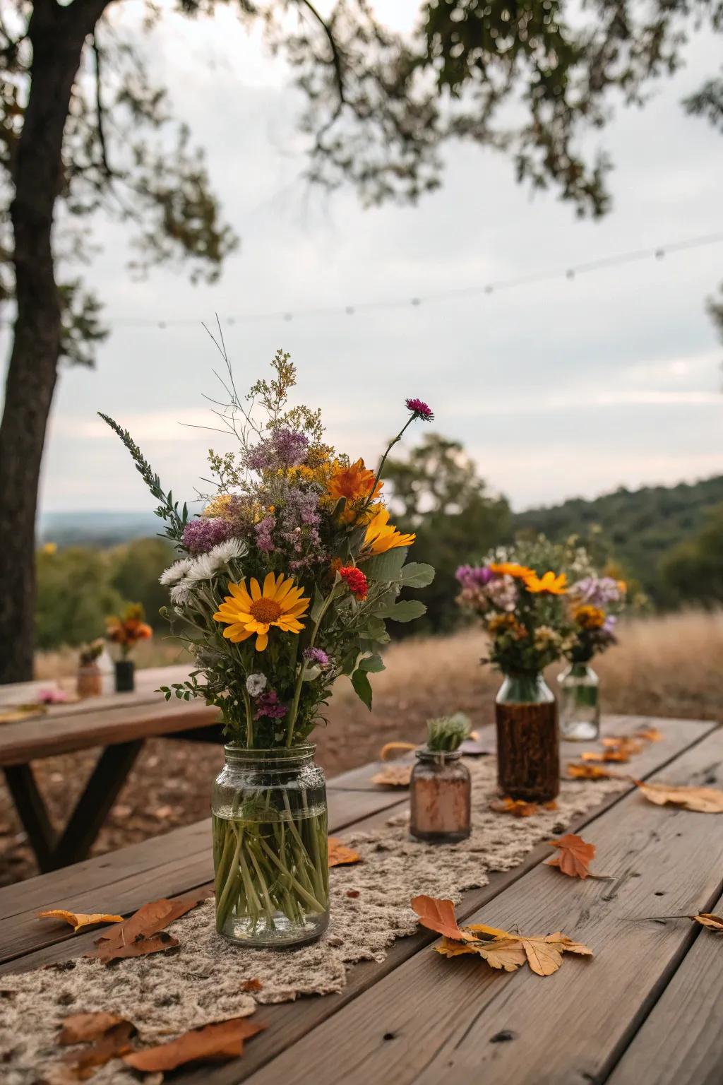 Mason jar wildflower arrangements add rustic charm to the decor.