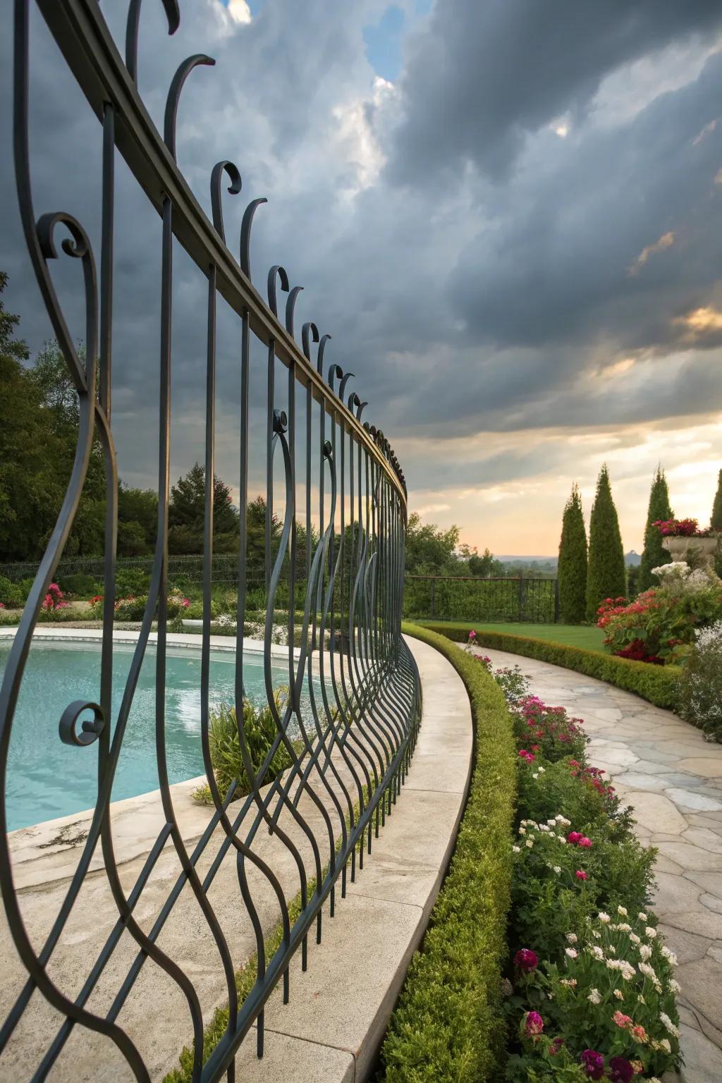 Curved lines in the wrought iron fence create an elegant flow around the pool.
