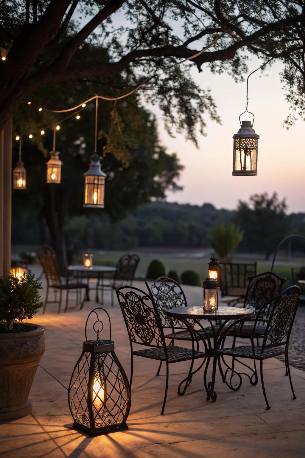 Suspended lanterns cast a magical radiance over wrought iron seating.