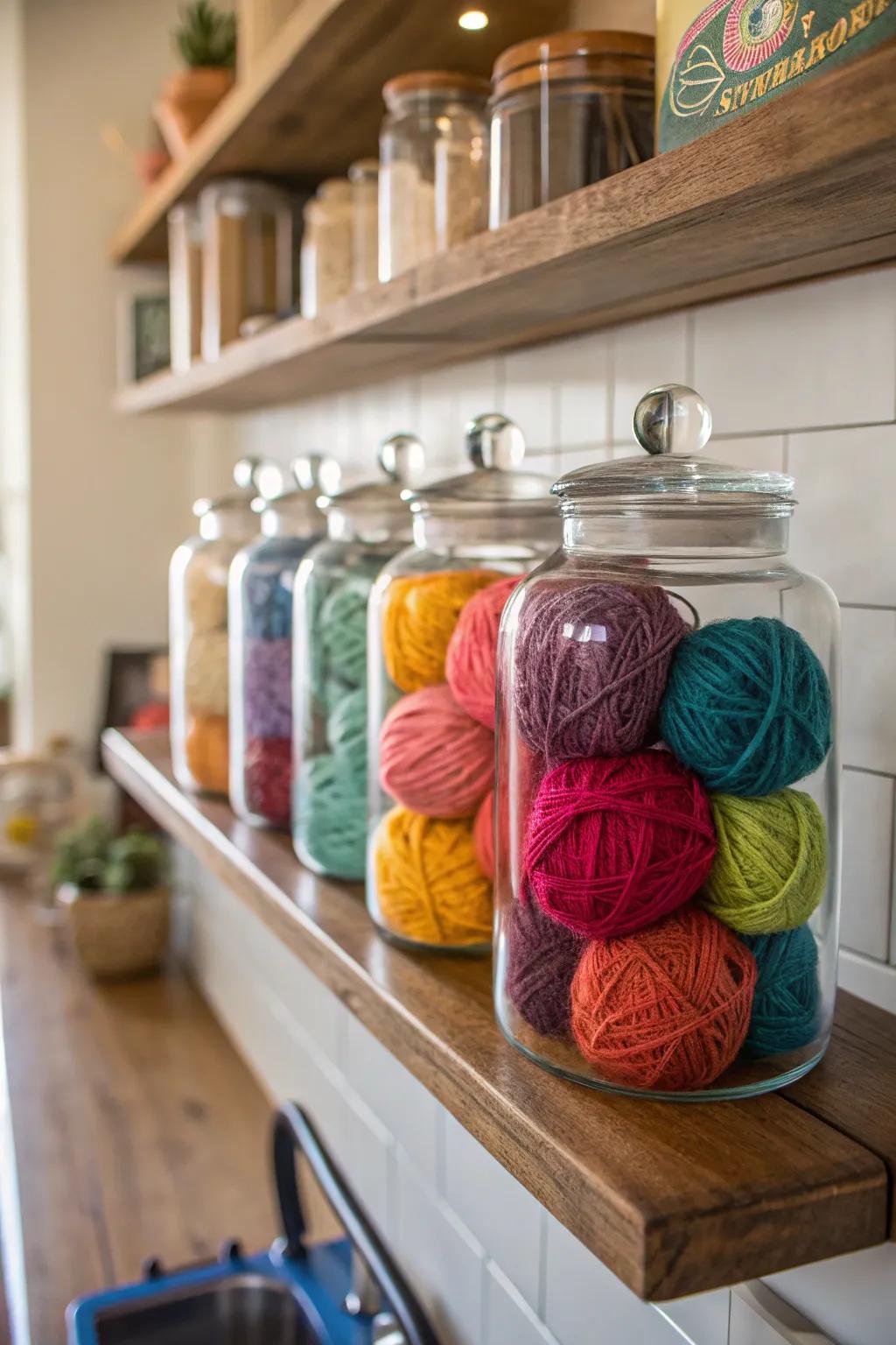 Glass vessels craft a delightful and protective yarn display.