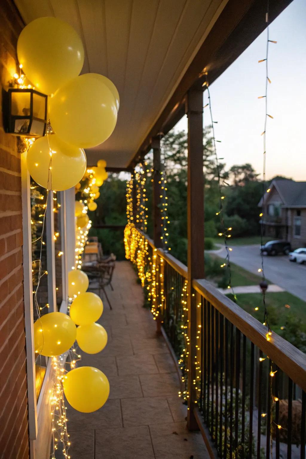 Festive veranda with golden sphere wreaths.