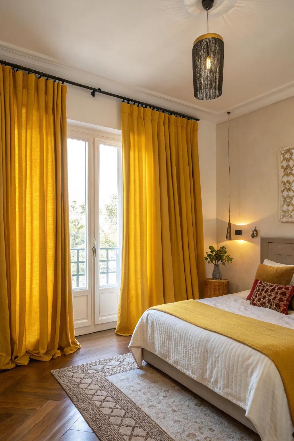 Striking yellow window coverings serve as a bold centerpiece in a vibrant bedroom.