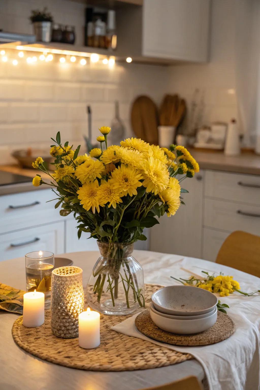 Yellow flowers introduce natural beauty and brightness to the kitchen.