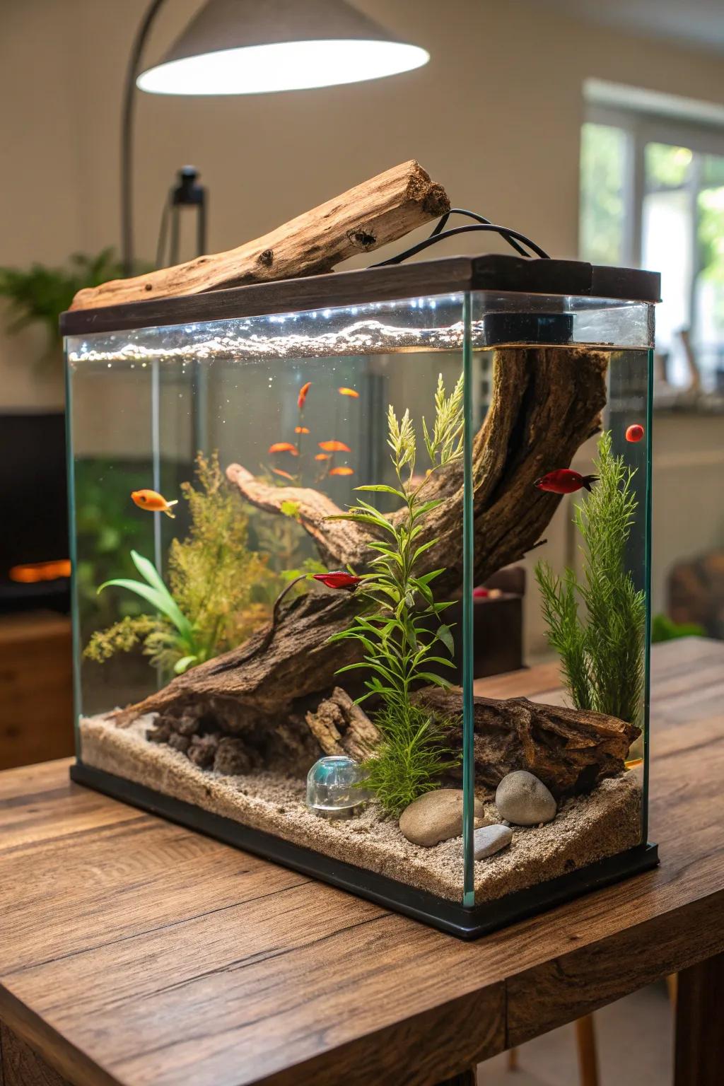 Driftwood adds organic textures and shapes.