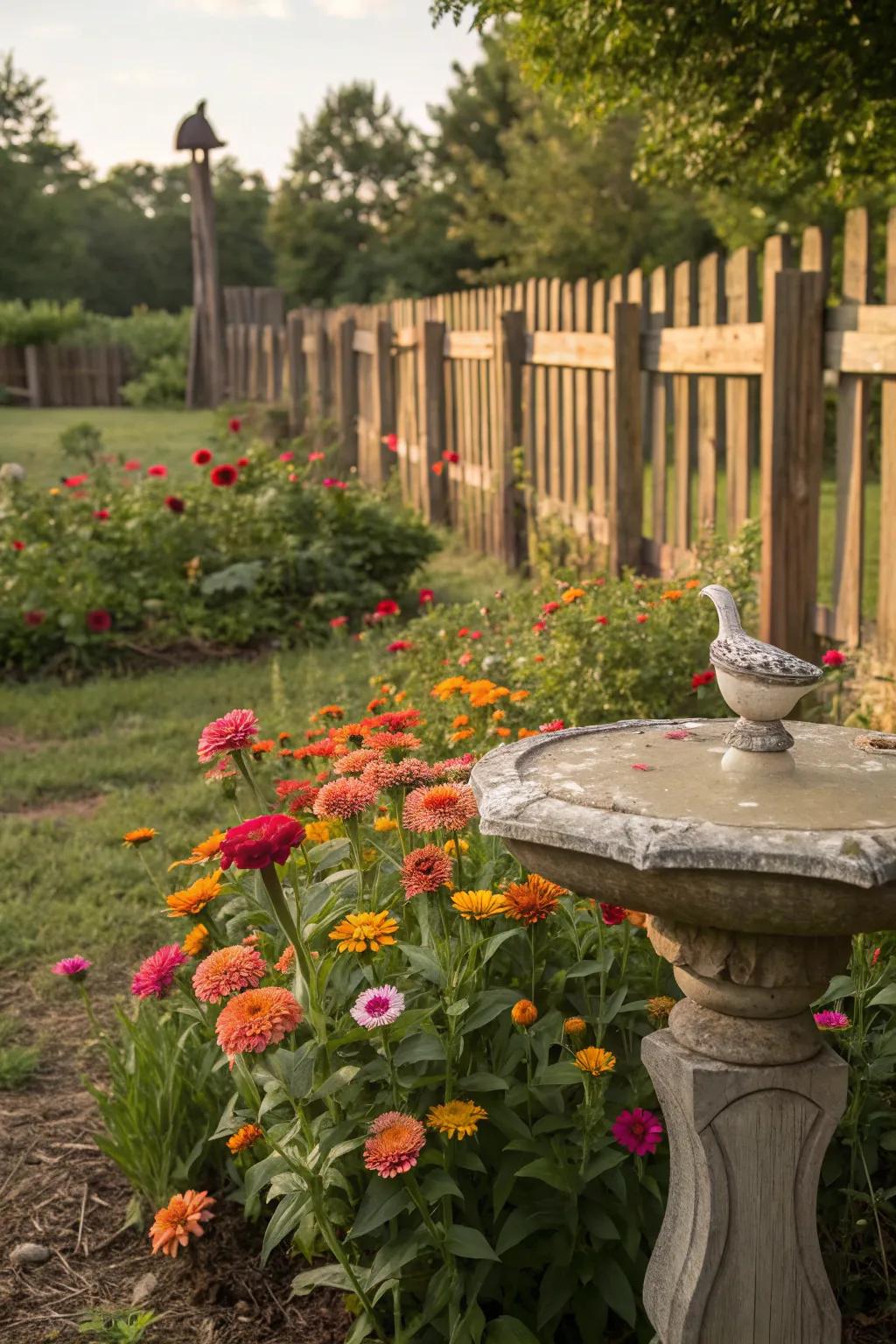 Rustic allure in a zinnia display with a timber barrier and birdbath.