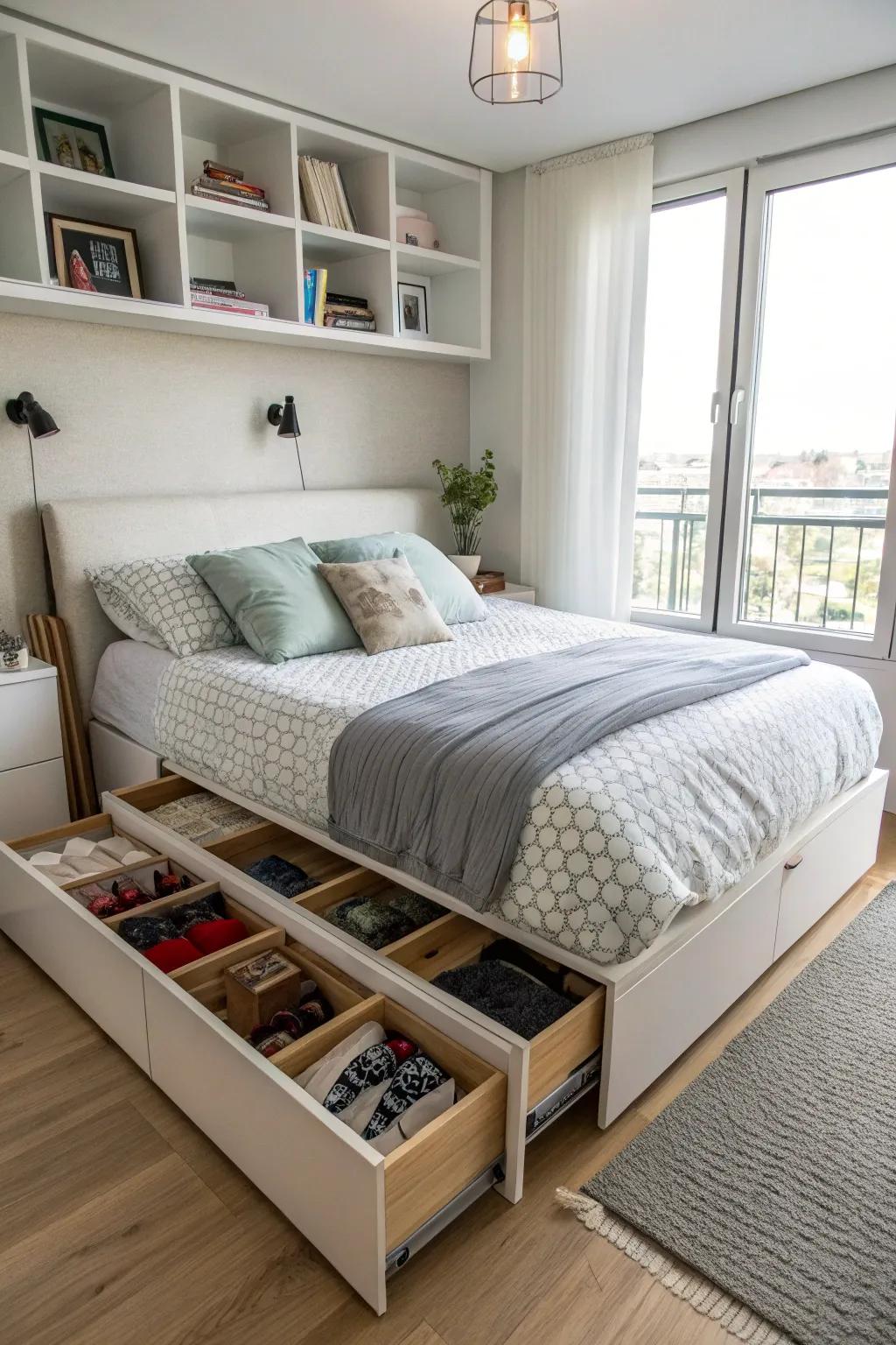 Under-bed storage provides a smart solution for keeping clutter out of sight.