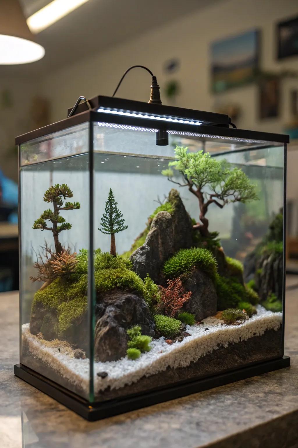 Miniature landscapes provide a charming and thorough aquarium configuration.