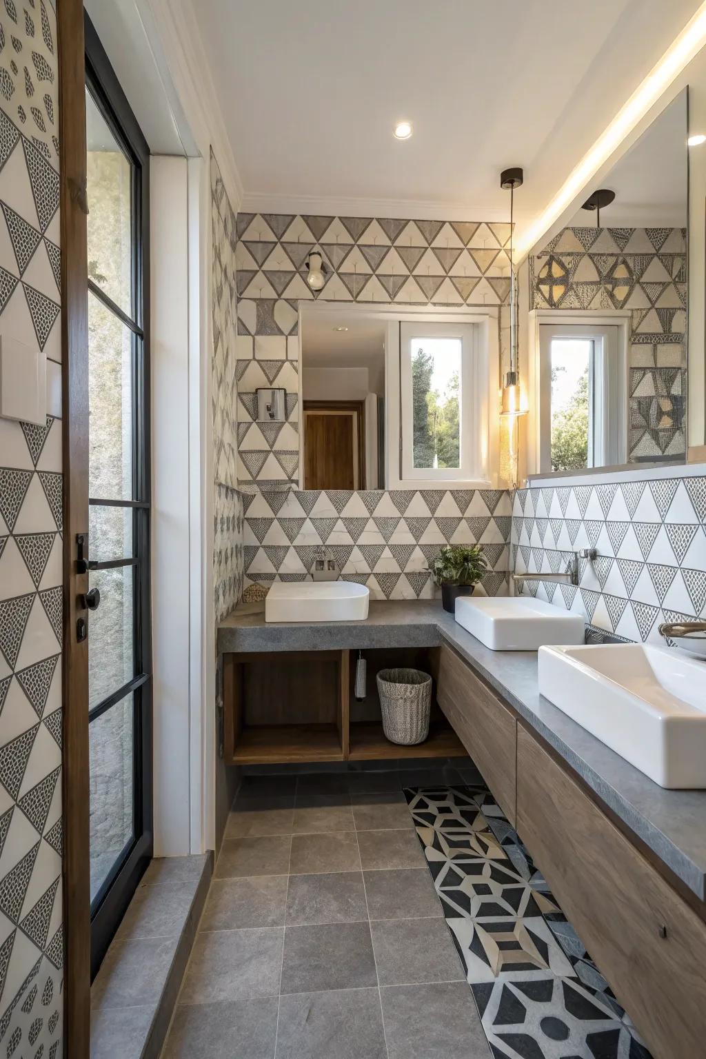 Geometric tiles enrich this powder room with visual appeal.