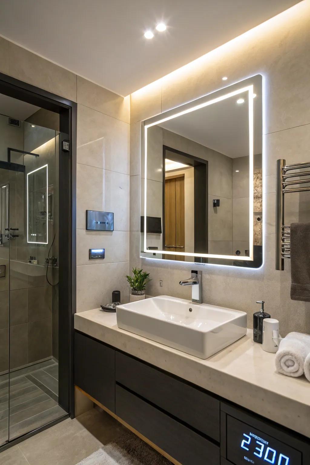 Smart glass technology enhancing modern bathroom functionality.