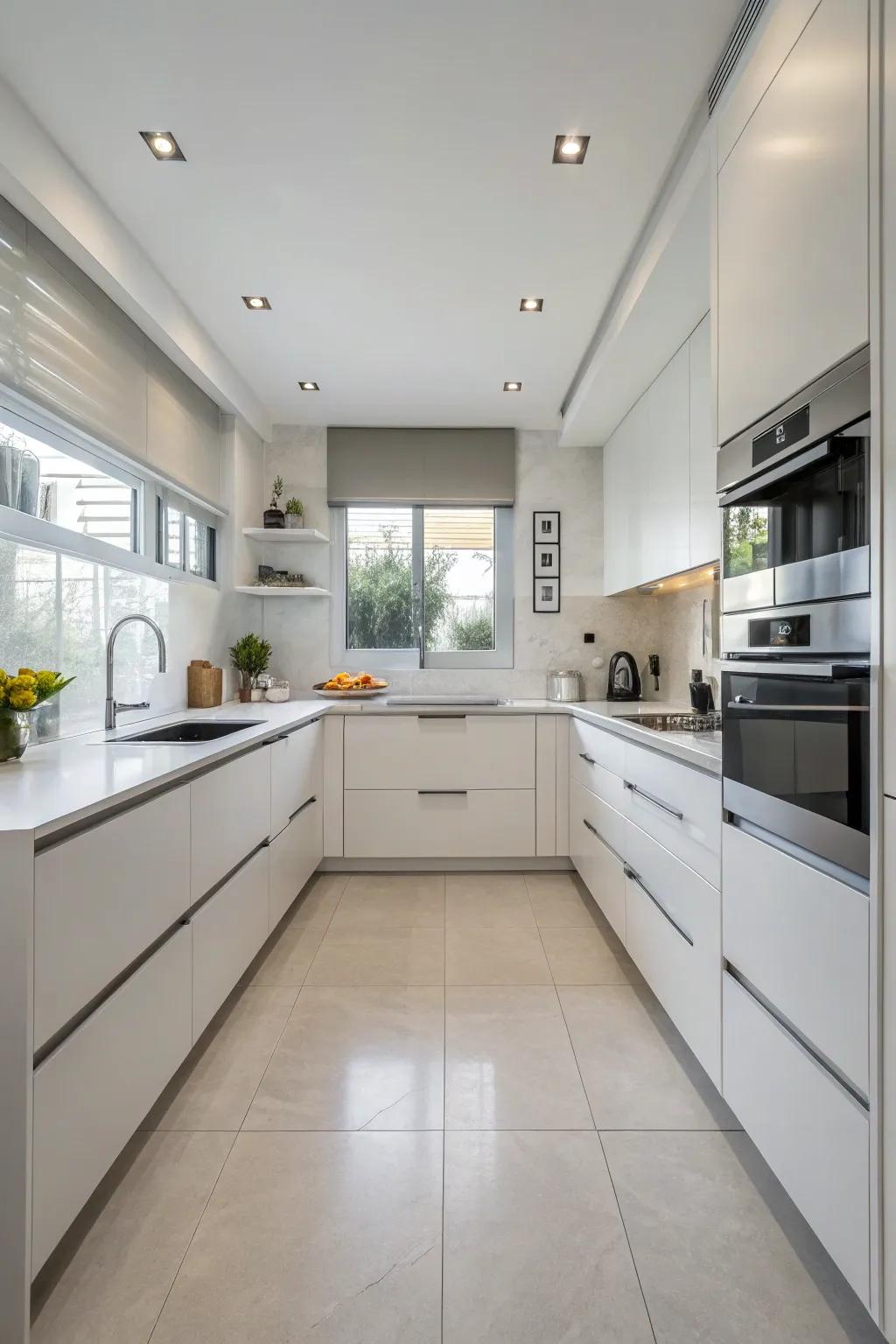 Hidden storage solutions maintain a clean and functional design.