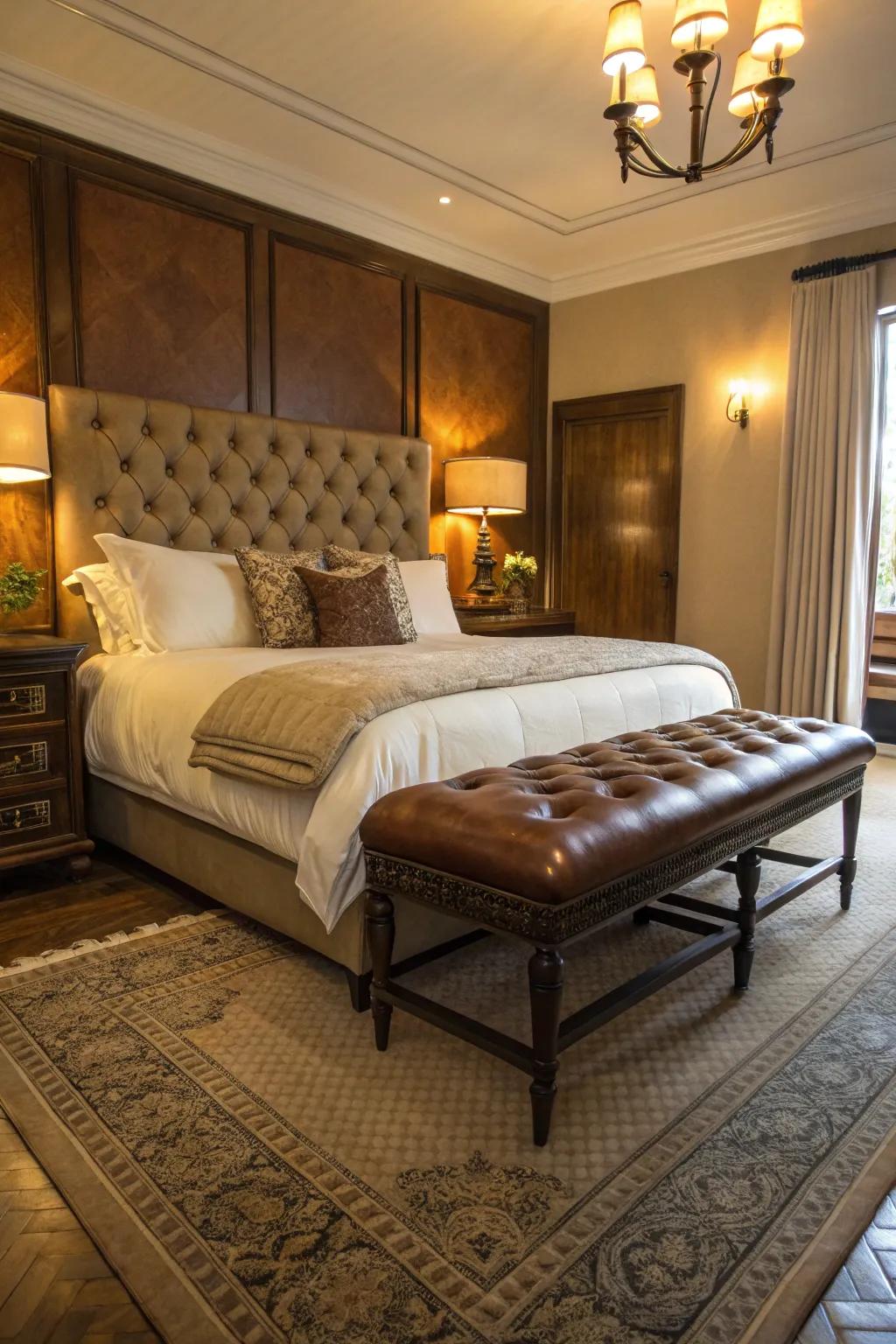 Leather accents introduce style and warmth