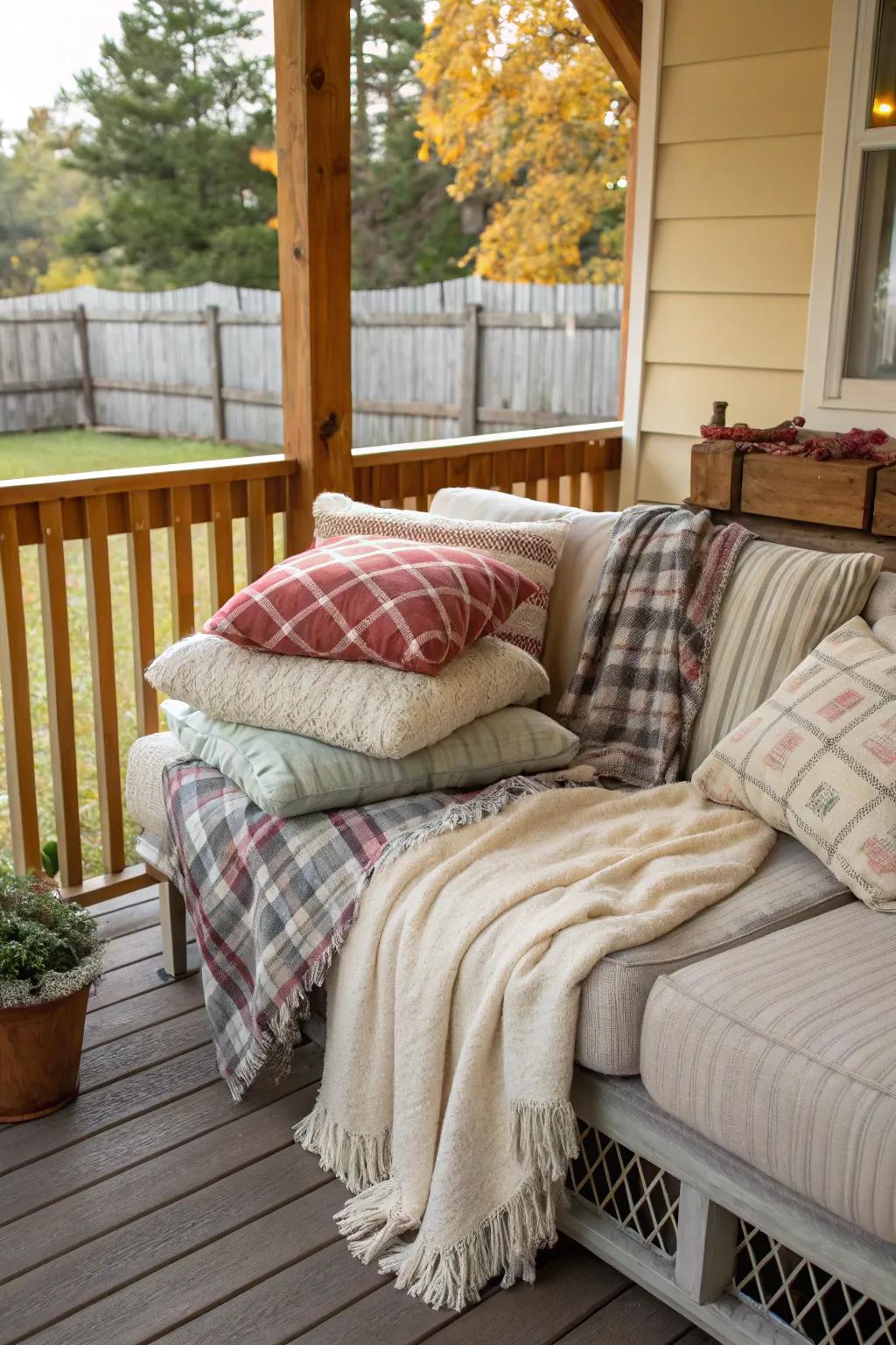 Textiles adding warmth and texture to the porch seating.