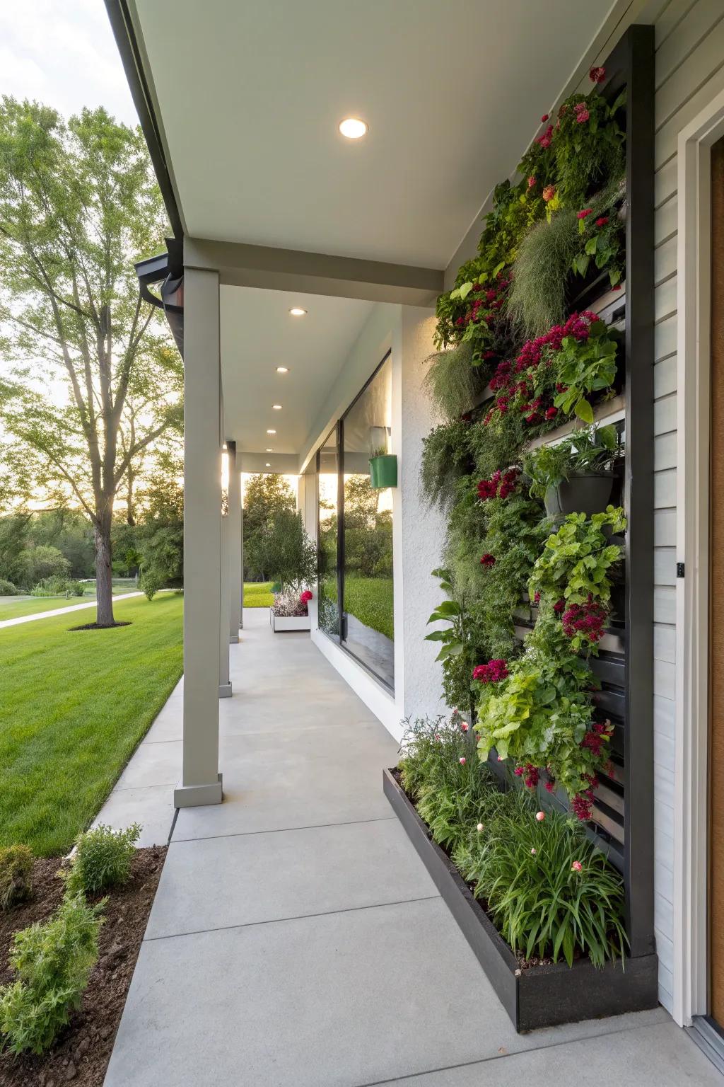 Vertical gardens add lush greenery to a modern porch.