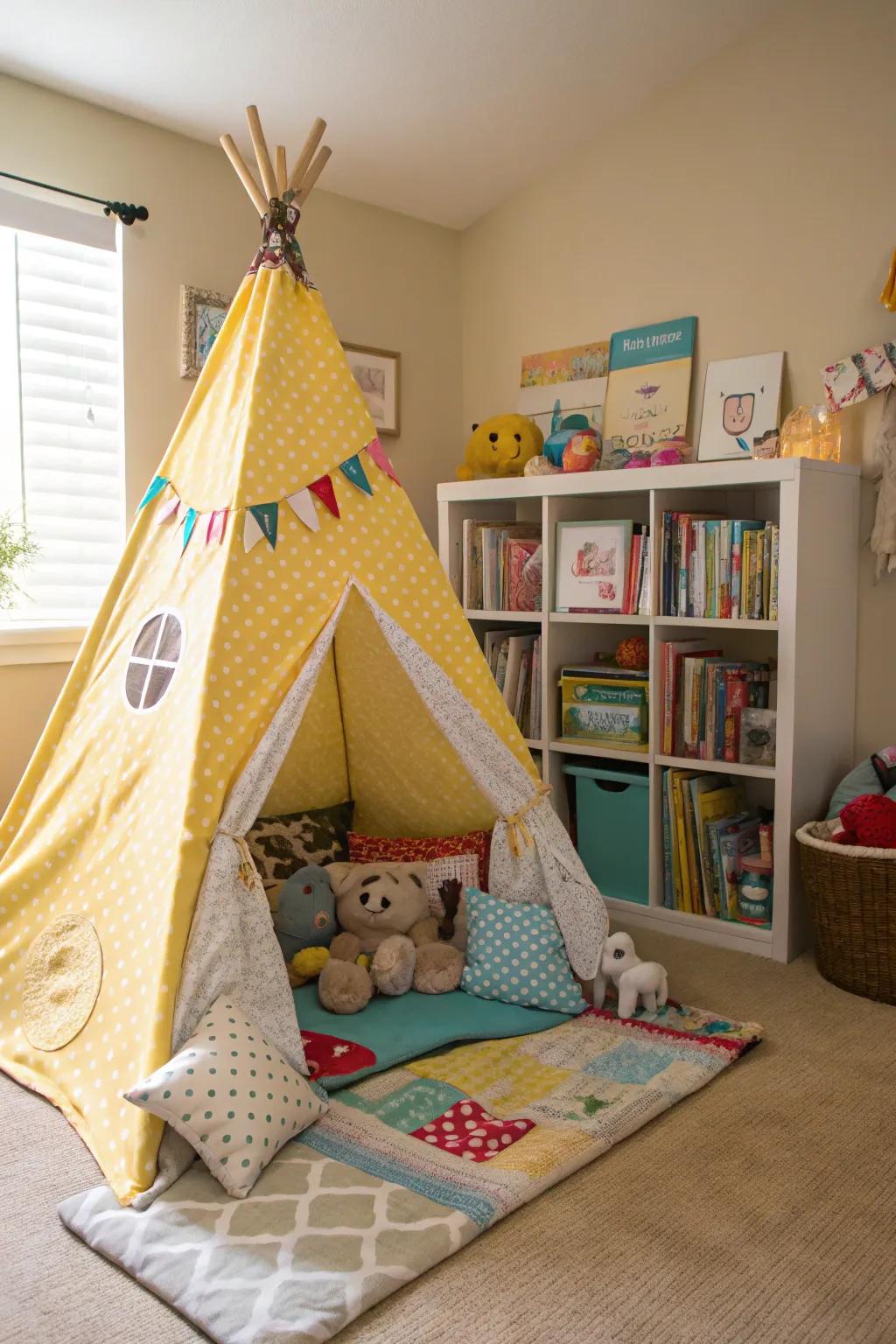 An adventurous teepee purposed for imaginative play coupled with cozy retreats.