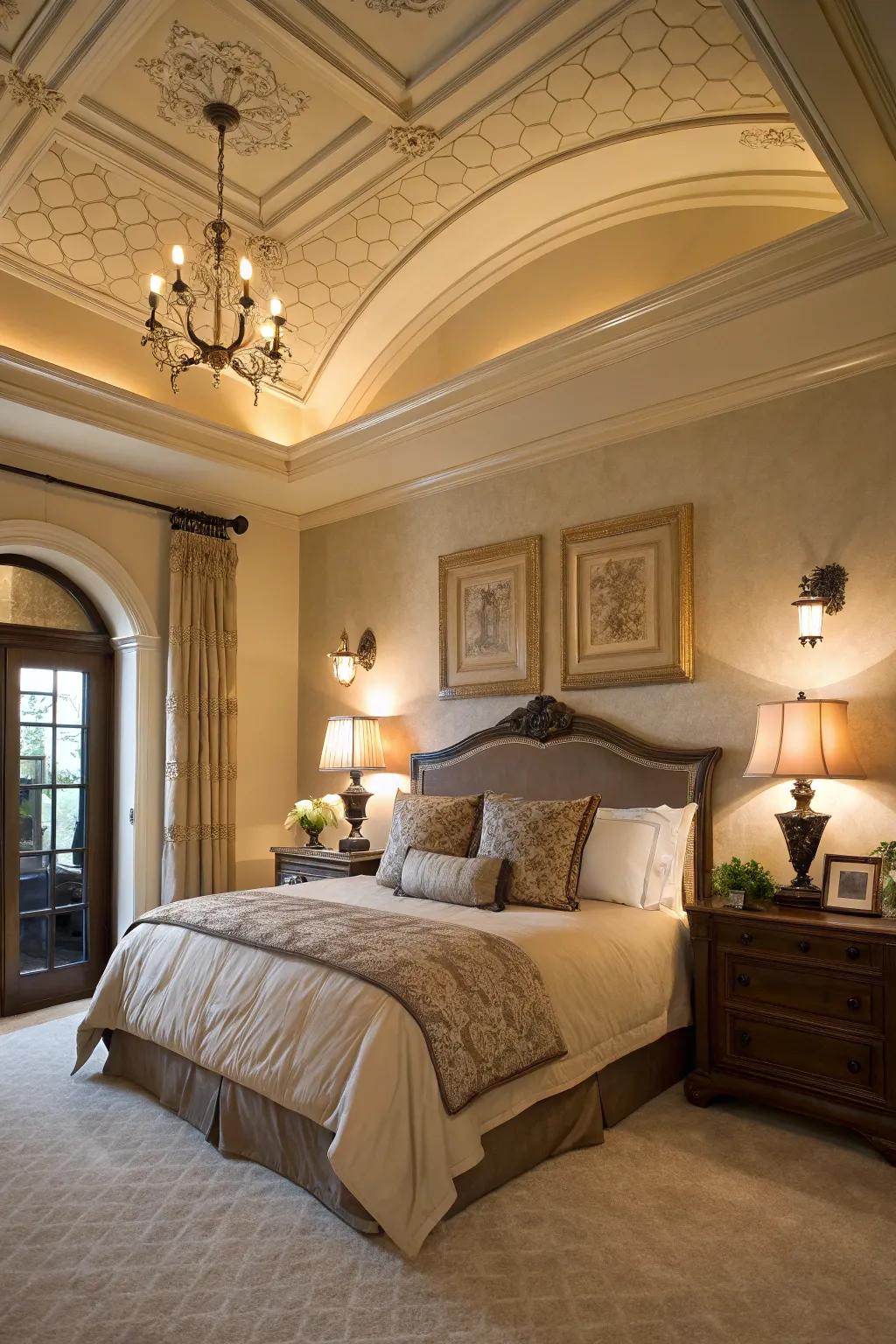 Architectural molding frames the space above the bed elegantly.