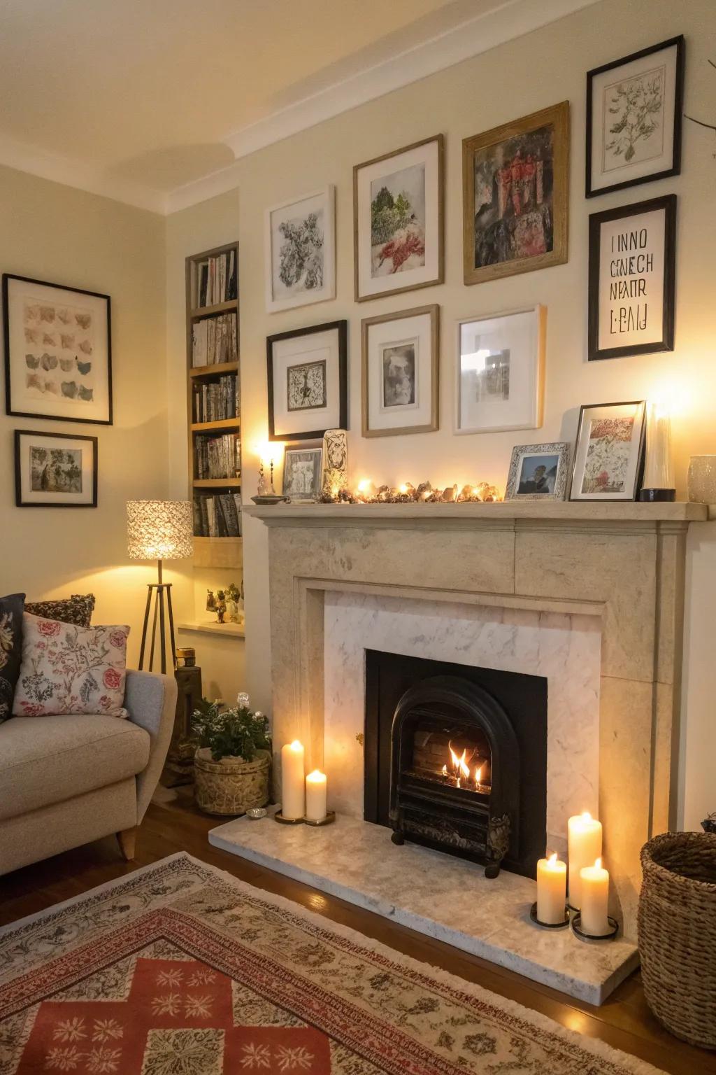 An art arrangement establishes a curated and artistic display above the fireplace.