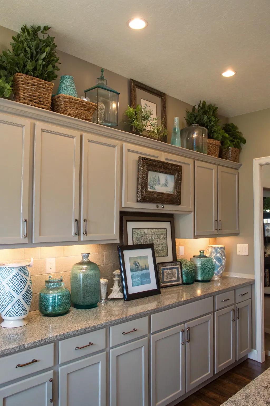 Realize visual harmony by coordinating décor shades with your kitchen.