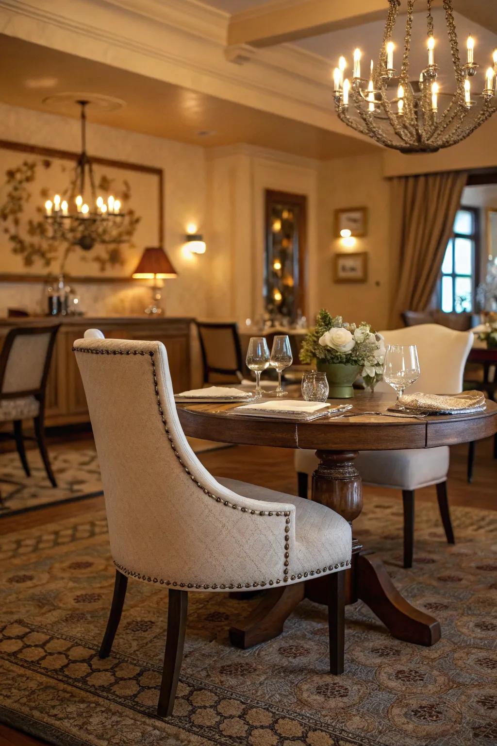 An accent chair at the dining table's head includes a personal touch.